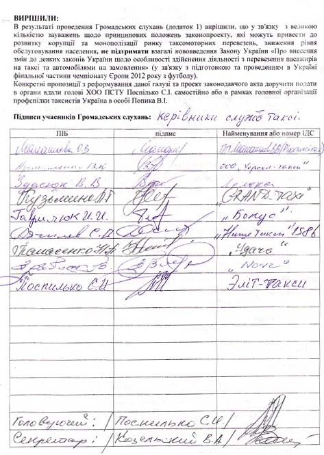 Протокол общественных слушаний законопроекта об изменениях в деятельности такси в Херсоне