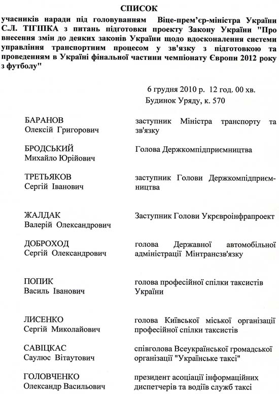 скан: Список учасників наради під головуванням Віце-прем'єр-міністра Сергія Тігіпка