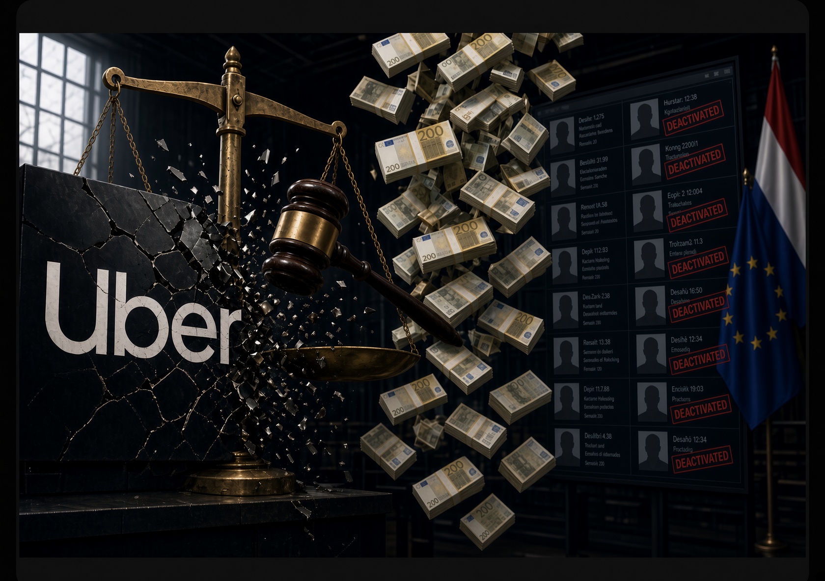 Група водіїв Uber на тлі великого екрана з написами "Deactivated" (Деактивовано) біля профілів. На задньому плані — символічний удар молотка по логотипу Uber.